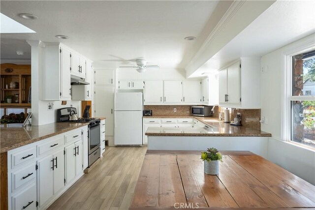 188 S Finch Dr, Big Bear Lake, CA 92315 - kitchen with appliances with stainless steel finishes, under cabinet range hood, a peninsula, light wood finished floors, and ceiling fan