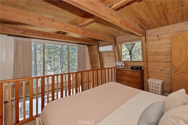 bedroom featuring an AC wall unit, multiple windows, wooden walls, and wood ceiling