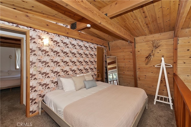 bedroom featuring beamed ceiling, dark colored carpet, wood walls, and wood ceiling