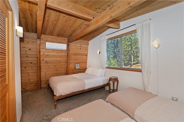 bedroom featuring vaulted ceiling with beams, a wall mounted air conditioner, wood walls, wooden ceiling, and carpet