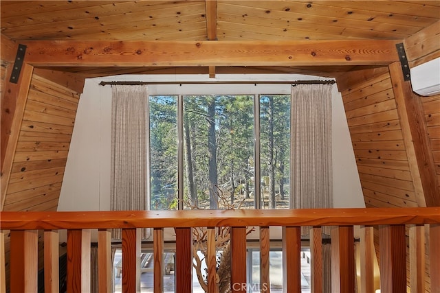 room details featuring a wall unit AC and wooden ceiling