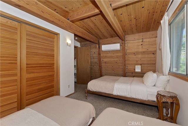 bedroom with an AC wall unit, wooden ceiling, carpet, and beam ceiling