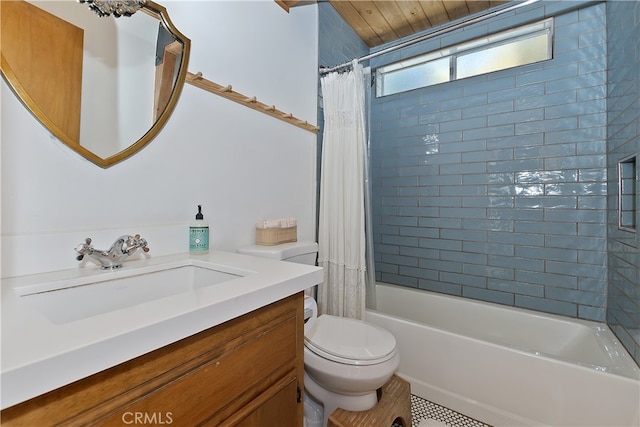 full bathroom featuring toilet, shower / bath combo, and vanity