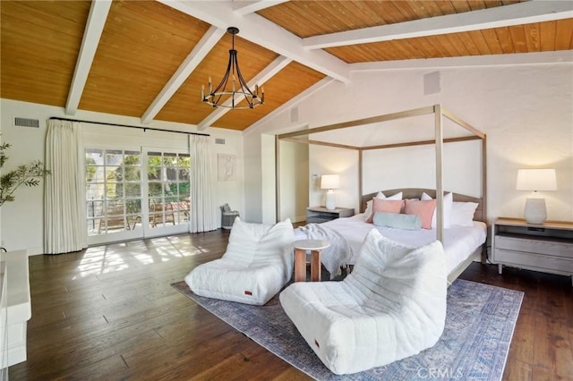 bedroom with lofted ceiling with beams, dark wood-type flooring, wooden ceiling, and an inviting chandelier