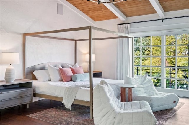 bedroom with lofted ceiling with beams, wooden ceiling, and wood finished floors