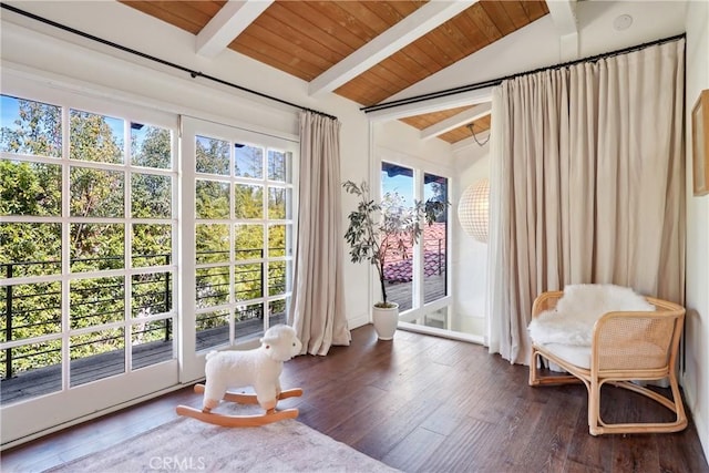 doorway to outside with wooden ceiling, vaulted ceiling with beams, and dark wood-style flooring