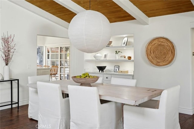 dining room with dark wood-type flooring, wooden ceiling, vaulted ceiling with beams, and baseboards