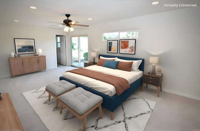 bedroom featuring ceiling fan, access to outside, and light colored carpet