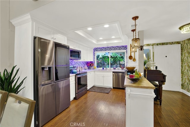 kitchen with white cabinetry, a tray ceiling, dark wood-type flooring, appliances with stainless steel finishes, and pendant lighting