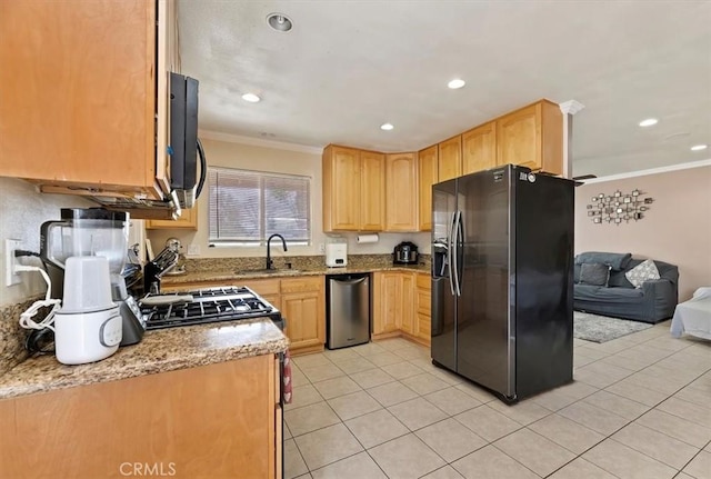 kitchen with dishwasher, light stone countertops, black refrigerator with ice dispenser, ornamental molding, and sink