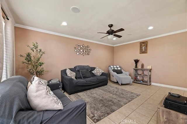 tiled living room featuring ceiling fan and ornamental molding