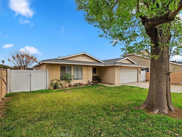 ranch-style home featuring a garage and a front lawn