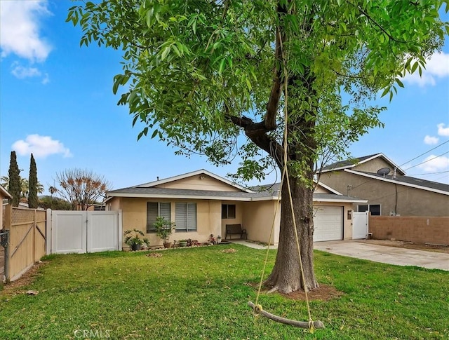 ranch-style home with a garage and a front lawn