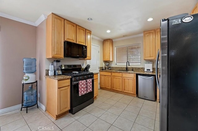 kitchen with crown molding, light tile patterned floors, sink, and black appliances