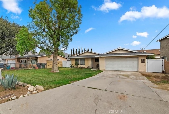 single story home featuring a garage and a front yard