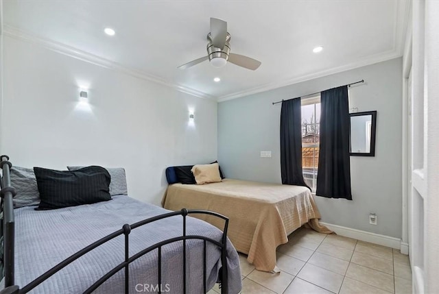 bedroom featuring ceiling fan, light tile patterned flooring, and crown molding