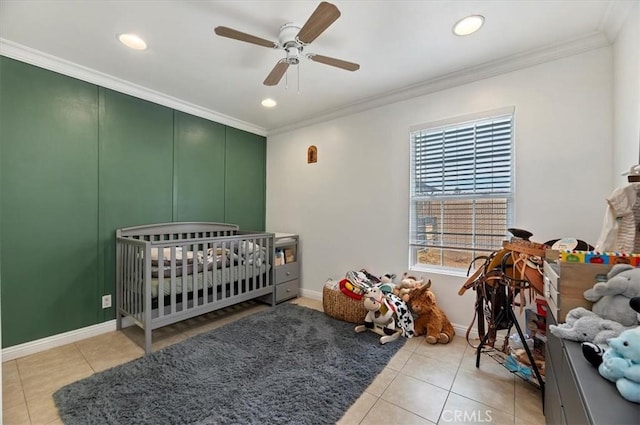 bedroom with ceiling fan, ornamental molding, and light tile patterned flooring