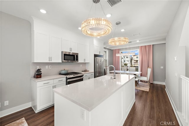 kitchen with appliances with stainless steel finishes, white cabinetry, hanging light fixtures, and a kitchen island with sink