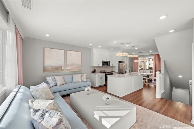 living room featuring sink and dark wood-type flooring