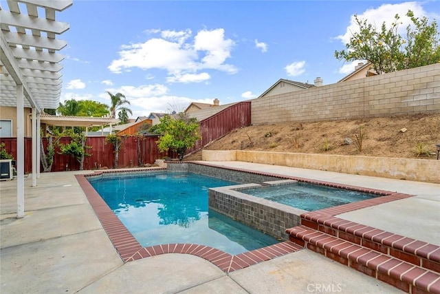 view of pool with a fenced backyard, a fenced in pool, an in ground hot tub, and a patio area