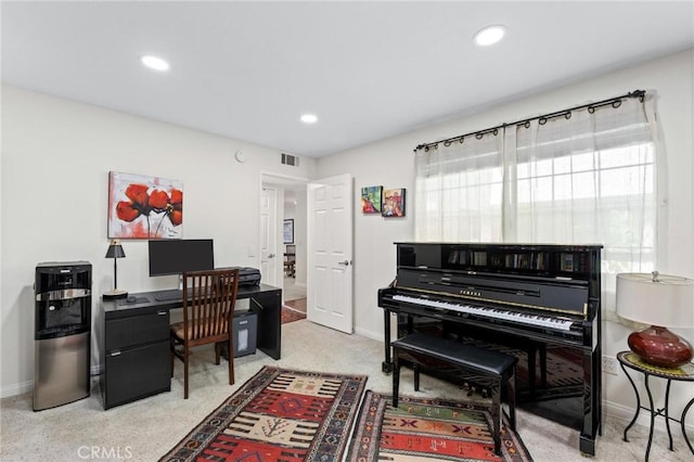 home office featuring light carpet