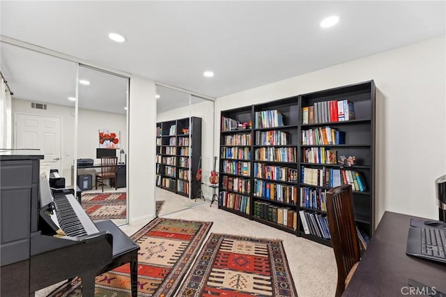 home office featuring light colored carpet