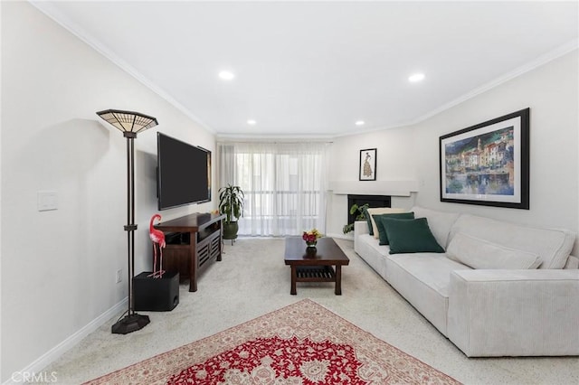 living room featuring carpet flooring and crown molding