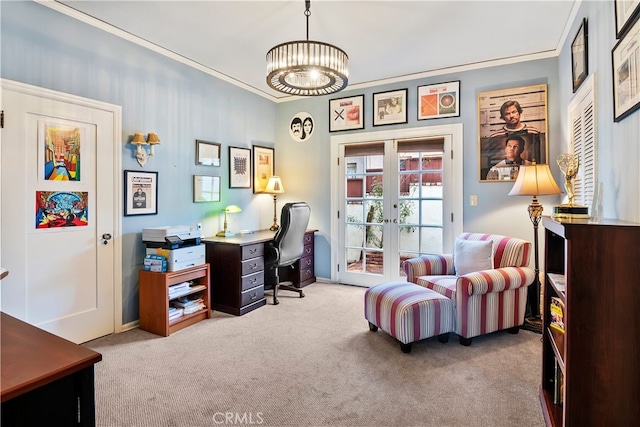 carpeted home office with ornamental molding and french doors