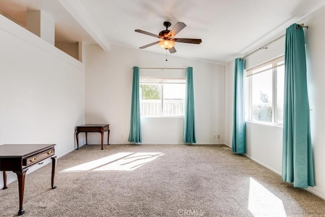 empty room with lofted ceiling with beams, carpet floors, and a ceiling fan