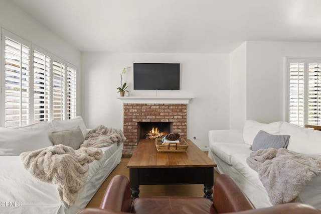 living room featuring hardwood / wood-style flooring and a fireplace