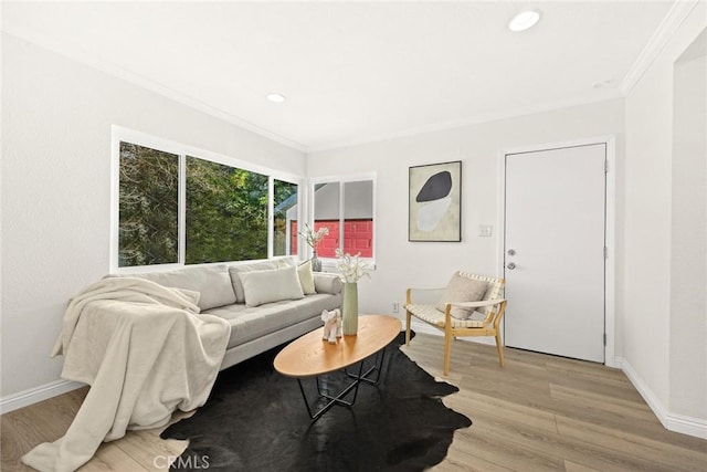 living room featuring light wood-type flooring, baseboards, ornamental molding, and recessed lighting