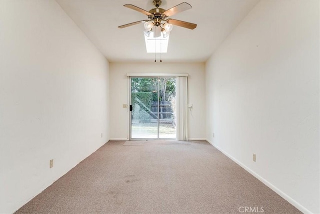 unfurnished room with ceiling fan and carpet flooring