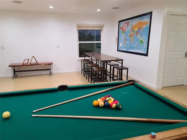 playroom featuring baseboards, billiards, and recessed lighting