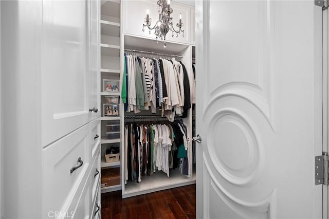 walk in closet with a notable chandelier and dark wood-type flooring