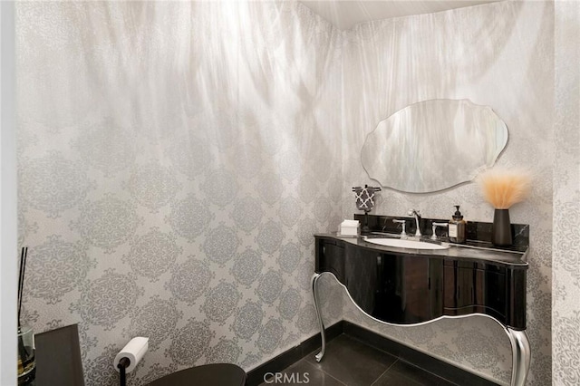 bathroom with vanity and tile patterned flooring