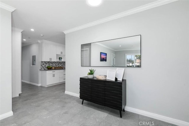 corridor featuring electric panel and crown molding