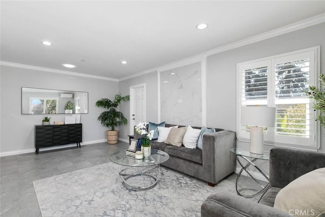 living room with ornamental molding