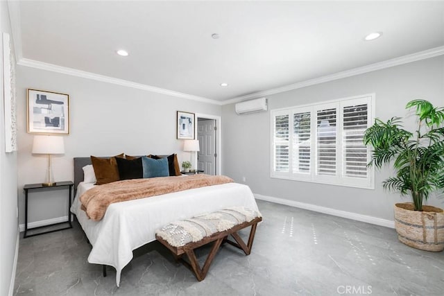 bedroom featuring crown molding and a wall unit AC