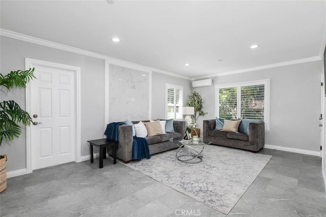 living room featuring crown molding and a wall mounted air conditioner