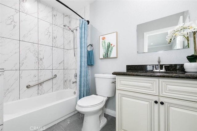 full bathroom with toilet, vanity, and shower / bath combination with curtain