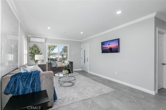 living room with ornamental molding and a wall mounted AC