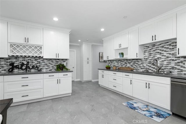 kitchen with sink, white cabinetry, dishwasher, ornamental molding, and tasteful backsplash