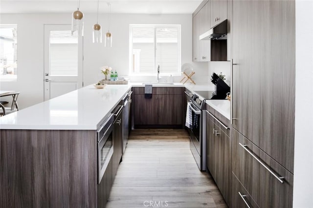 kitchen with a wealth of natural light, sink, decorative light fixtures, light hardwood / wood-style floors, and stainless steel appliances