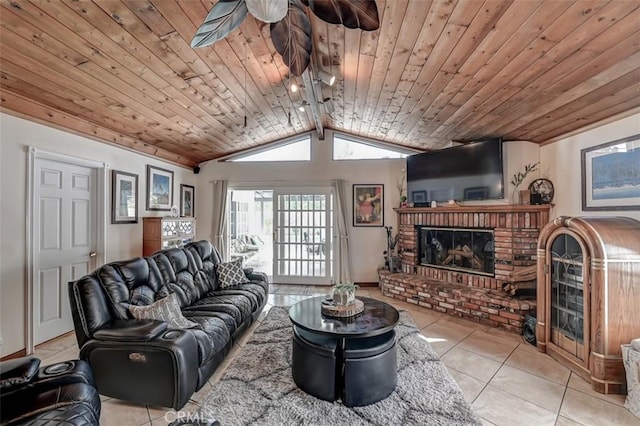 3067 Trinity Dr, Costa Mesa, CA 92626 - living room featuring lofted ceiling, a ceiling fan, a brick fireplace, wood ceiling, and light tile patterned floors