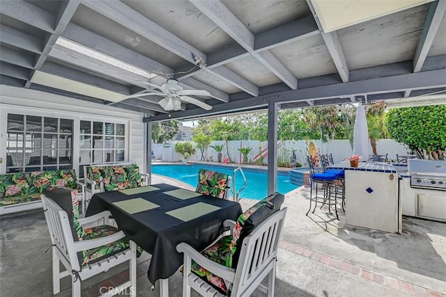 3067 Trinity Dr, Costa Mesa, CA 92626 - view of patio / terrace with a fenced backyard, outdoor dry bar, a grill, a fenced in pool, and ceiling fan