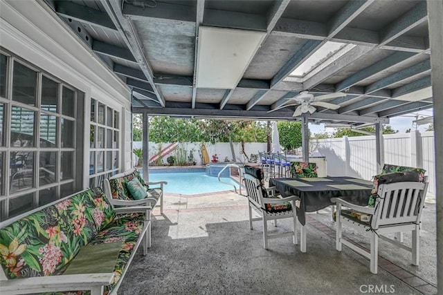 3067 Trinity Dr, Costa Mesa, CA 92626 - view of patio with a fenced backyard, a fenced in pool, and outdoor dining area