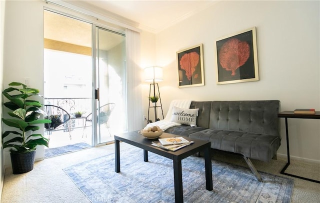 living room with ornamental molding and carpet flooring