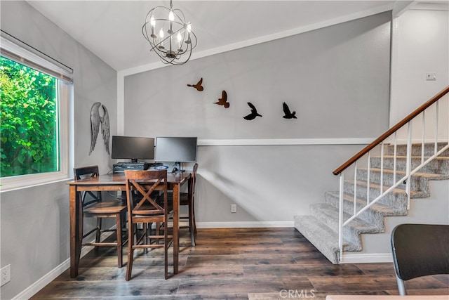 home office featuring a chandelier and dark wood-type flooring