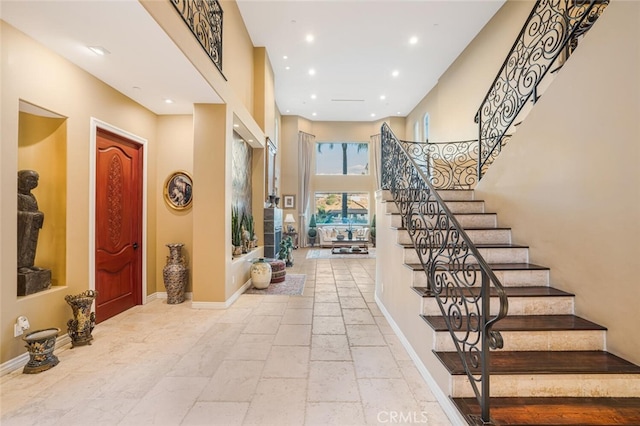 27 Round Up Rd, Bell Canyon, CA 91307 - foyer with stairs, recessed lighting, baseboards, and stone tile floors
