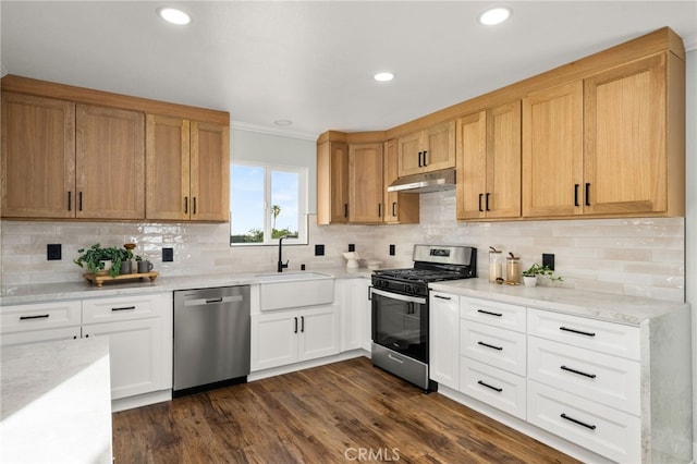 kitchen featuring stainless steel appliances, white cabinets, a sink, and under cabinet range hood